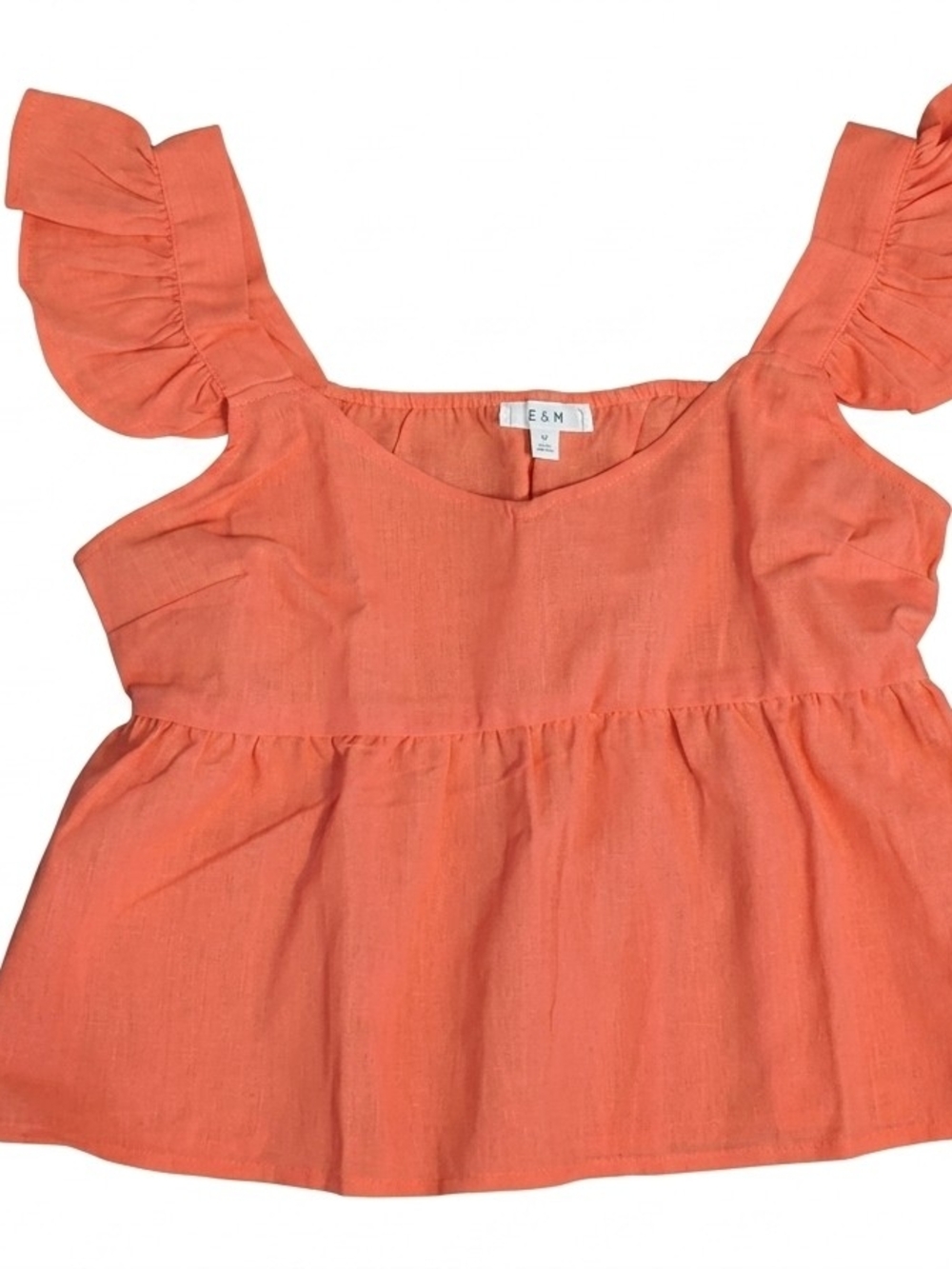 E&M Coral Pink Linen Blend Ruffle Strap Peplum Blouse Top Women's Size M Summer